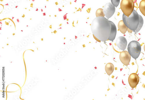 Celebration background with balloons, confetti and ribbons. Vector illustration.