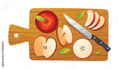 Fresh whole, half and cut slices apple fruits with knife on wooden cutting board. Vector illustration isolated on white background