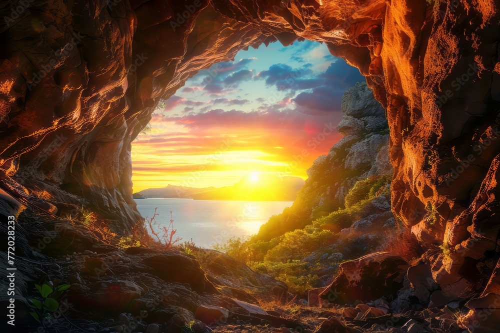 A view of a sunset from a cave opening. The sun is a bright orange disc setting in a sky filled with streaks of orange, pink, and purple. The silhouette of rocky cliffs can be seen in the foreground. - obrazy, fototapety, plakaty 
