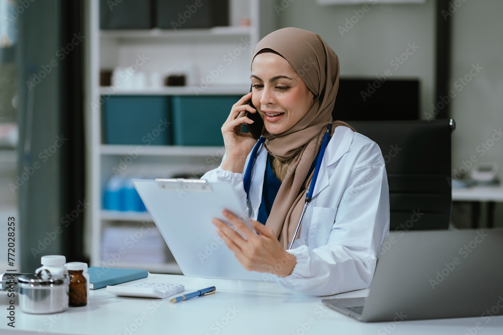 custom made wallpaper toronto digitalFemale medicine doctor, physician or practitioner involved in cellphone call conversation giving professional consultation to patients. Medic tech concept.