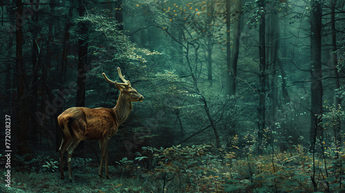 Cute deer walking through the green deciduous forest 