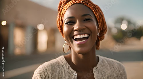 A woman of African descent laughs freely, her joy contagious as it radiates from her bright smile. photo