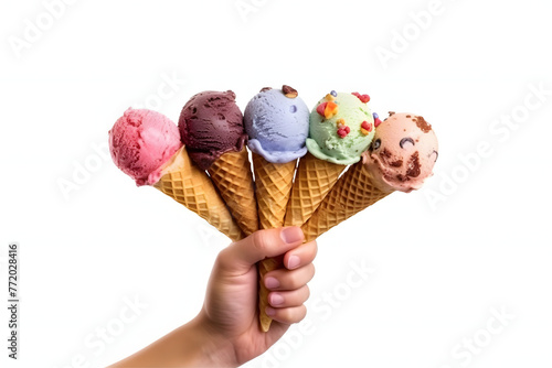 Hand holding ice cream over white background