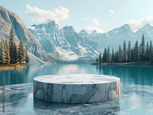 3D render podium of Banff National Park, Canada - Known for its breathtaking mountain landscapes and turquoise lakes.Marble Material photo