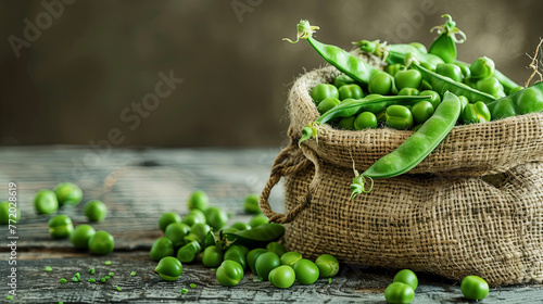 A wooden background is adorned with a plentiful harvest of vibrant green peas, showcasing the bounty of nature's yield