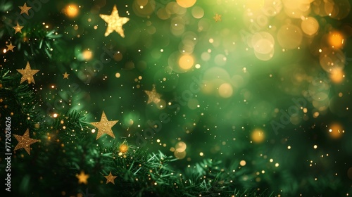 Green blurred background with small gold stars elements festive template.