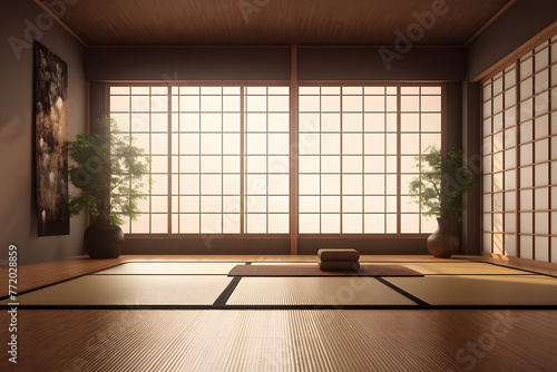 Empty traditional japanese room with tatami mat floor