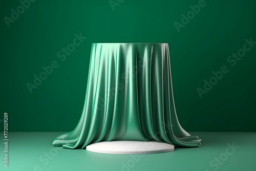 Empty podium side table over a glossy emerald green curtain