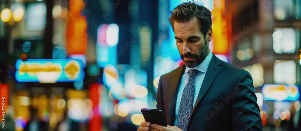 A man in a formal suit is focused on his cell phone screen, appearing engaged in the content displayed A man in a formal suit is focused on his cell phone screen, appearing engaged in the content displayed