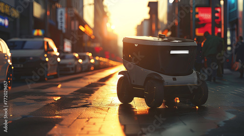 Technology development, a robot delivering food on the street during a pandemic