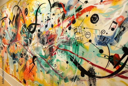 A symphony of flavors depicted in abstract culinary notes dancing on the wall.