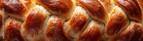 Detailed close-up of a freshly baked challah bread with sesame seeds, showcasing its texture photo