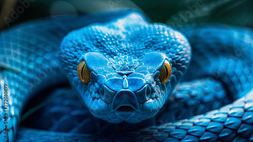 A long blue snake rests upon a tree branch, its gaze fixed ahead, observing its surroundings with a sense of calm and curiosity photo