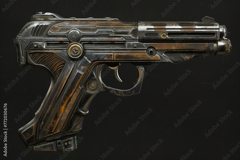 Striking 3D model of a pistol, meticulously crafted for gaming environments with attention to ergonomics and performance , low texture Striking 3D model of a pistol, meticulously crafted for gaming environments with attention to ergonomics and performance , low texture