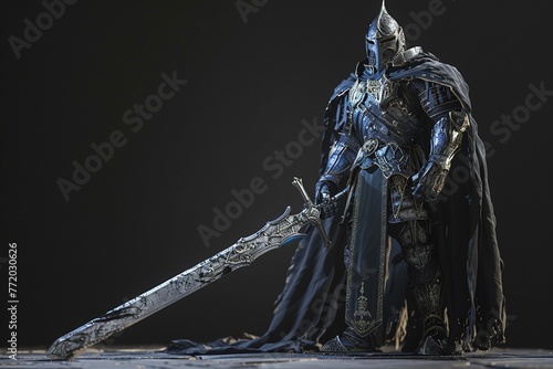 Epic 3D rendering of a valiant warrior clad in armor, wielding a mighty sword in a heroic stance , low texture