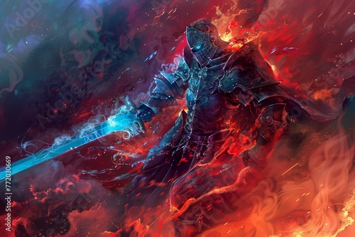 Imaginative artwork featuring a spectral knight, blueeyed, amidst a battlefield backdrop, illuminated by crimson flames , low texture photo