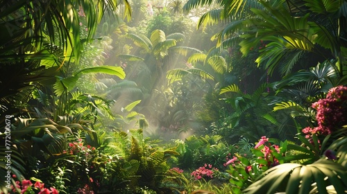 Stunning 3D background with a lush jungle setting  featuring dense foliage  winding vines  and vibrant flora    low noise