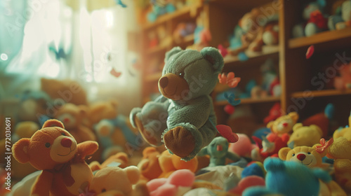 A slow-motion shot of a bear doll falling onto a pile of others, with a room full of once-coveted toys in the background. The narrator concludes the story. photo