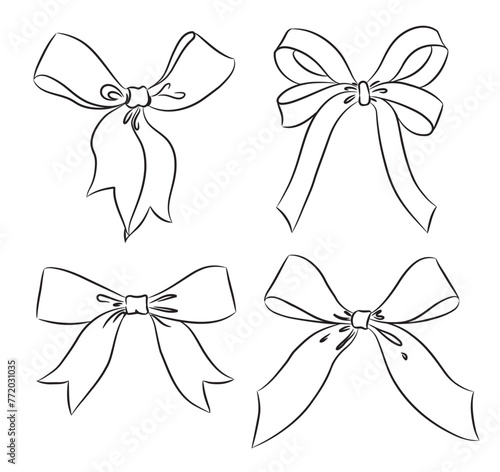 Set of gift ribbons bows line drawing, vector illustration, design elements on white background