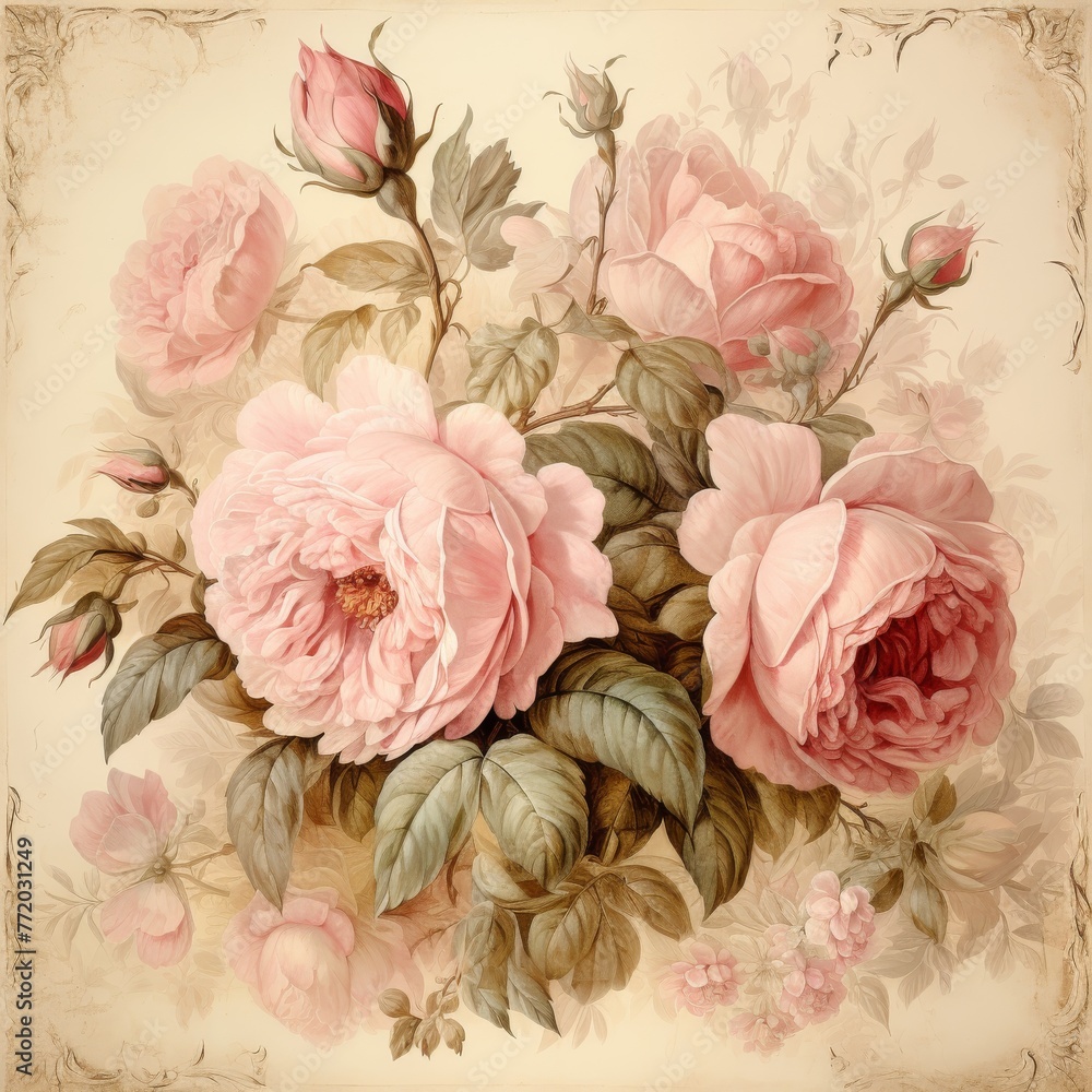 Classic vintage illustration of lush pink roses with detailed petals and green foliage on an aged parchment background