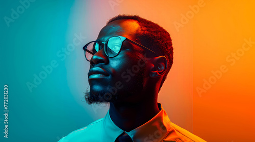 African American man with glasses in a studio, with a gradient background, looking to the right side, Neon light effect