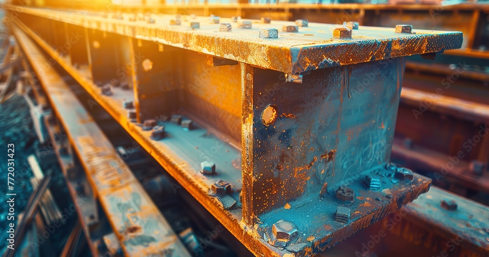 Close-up of steel beams at a construction site, sunset lighting, wide lens, vivid colors. --ar 21:11 Job ID: f5023a0c-e445-4c7e-a08a-ea929440018c Close-up of steel beams at a construction site, sunset lighting, wide lens, vivid colors. --ar 21:11 Job ID: f5023a0c-e445-4c7e-a08a-ea929440018c