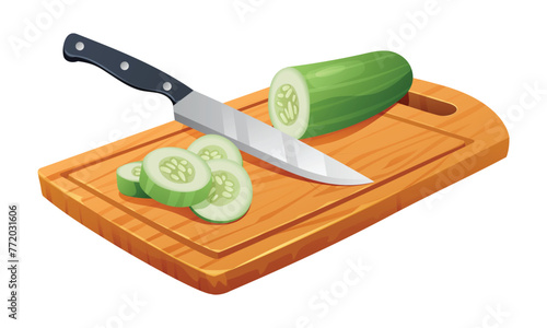 Sliced cucumber with knife on wooden cutting board. Vector illustration isolated on white background