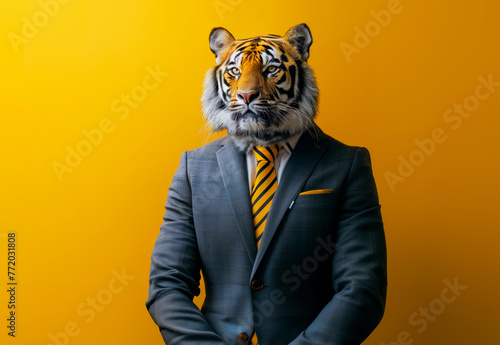 A tiger in suit and tie, yellow background, studio photography, advertising shot, minimalist style