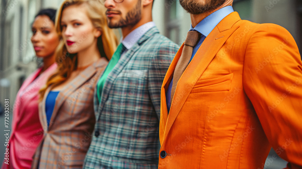 A group of stylish business people in colorful suits, in a close up shot, with copy space for the text, Elegant suit fashion, fashion commercial A group of stylish business people in colorful suits, in a close up shot, with copy space for the text, Elegant suit fashion, fashion commercial