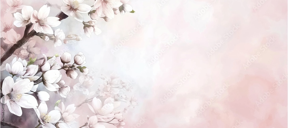 White cherry blossom on the left of frame in pastel background. White cherry blossom on the left of frame in pastel background.