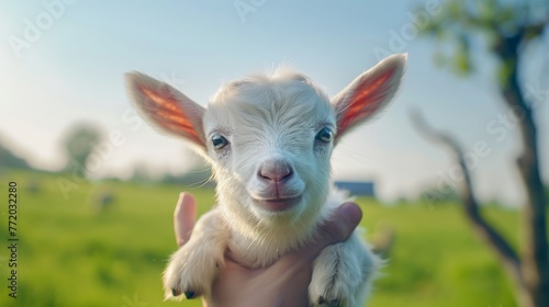 Human hand holding a newborn goat with its ears up, against a rural landscape and blue sky. © Moopingz