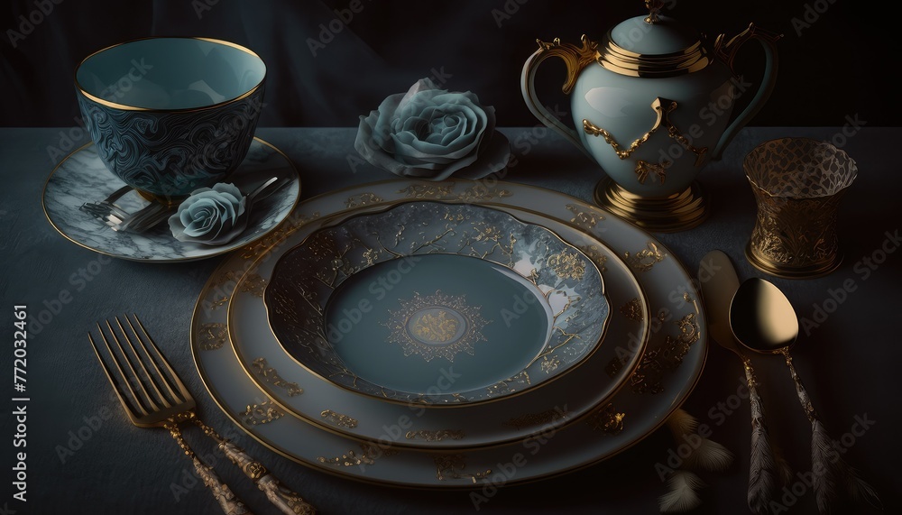 Luxury blue cutlery. Generative AI Luxury blue cutlery. Generative AI