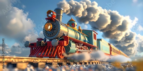 Whimsical Locomotive Chugging Through Imaginary Landscape with Copy Space