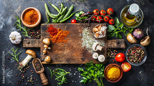 Kitchen wooden board with neatly arranged mushrooms, vegetables and spices for cooking, copy space