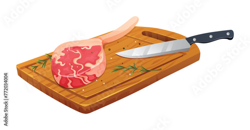 Fresh raw tomahawk meat steak with salt, rosemary and knife on cutting board. Vector illustration isolated on white background