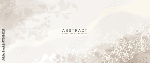 Beige watercolor background with hand drawn line art of spring flowering branches. Neutral elegant vector illustration for wall decor, card, wedding invitation, packaging, print, cover, banner, poster