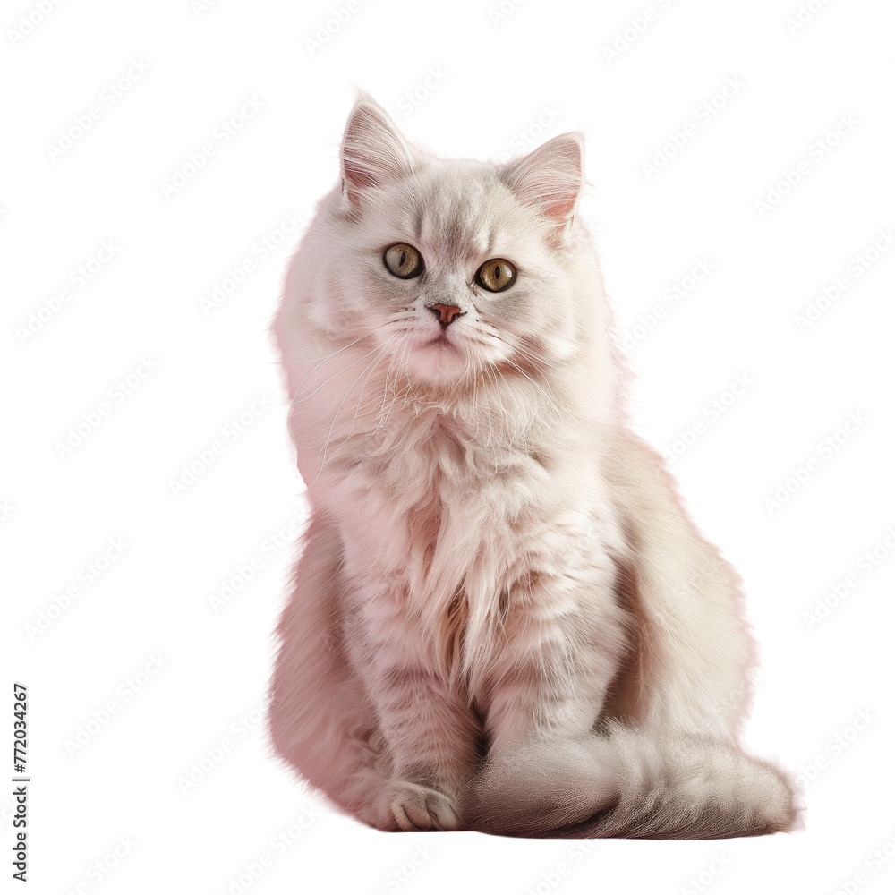 a white cat with yellow eyes is sitting on a transparent background