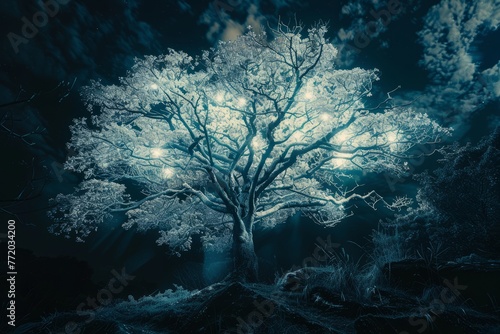 A single tree  its branches laden with snow  standing in a vast snowy field. The sky is a deep blue  filled with twinkling stars.