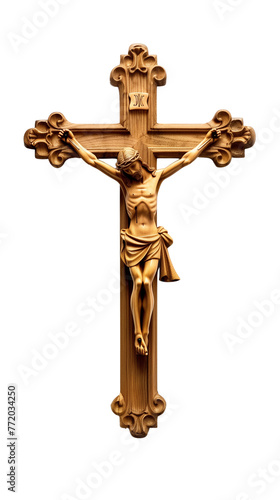 An old wooden cross with Jesus Cristus, isolated on a transparent background