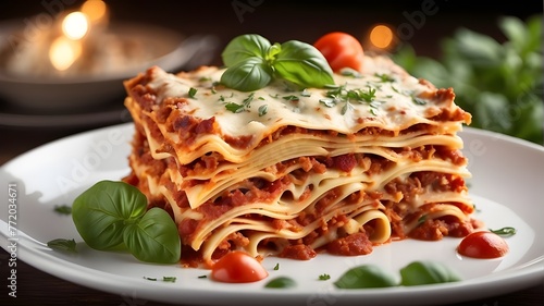 "Indulge in the tantalizing sight of a piping hot lasagna served in a pristine white bowl, garnished with a vibrant basil leaf. Layers of pasta, rich tomato sauce, savory meat, and creamy cheese meld 