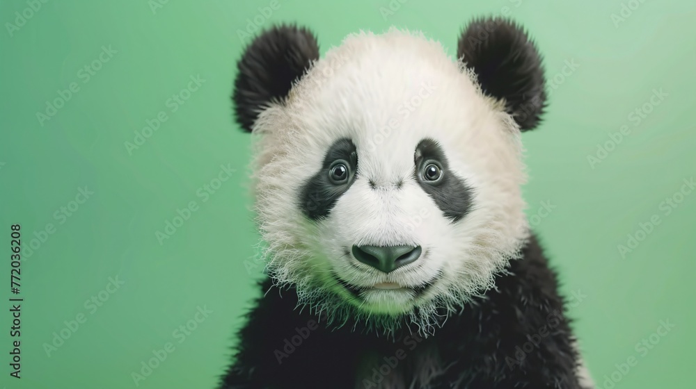 close-up of a young panda on a green background, gazing directly at the camera in a professional photo studio setting. Perfect for a pet shop banner or advertisement