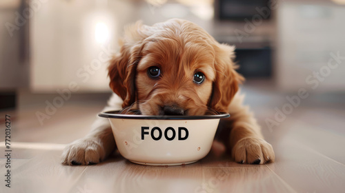 A golden retriever puppy eats from a bowl labeled "FOOD".