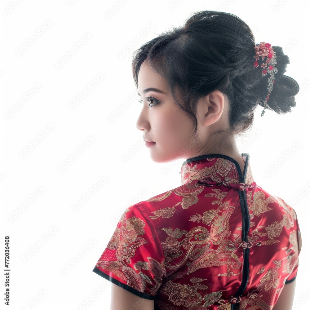 A young Chinese woman, in traditional Cheongsam, her posture graceful, embodying centuries of culture on white background. A young Chinese woman, in traditional Cheongsam, her posture graceful, embodying centuries of culture on white background.