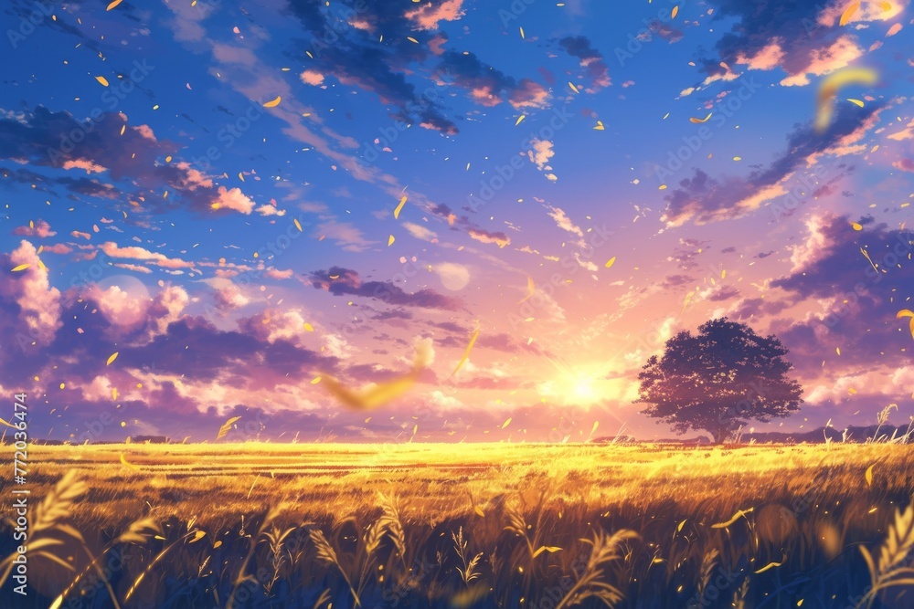 A peaceful landscape painting of a field at sunset. The sky is ablaze with color, with streaks of orange, red, and purple. - obrazy, fototapety, plakaty 