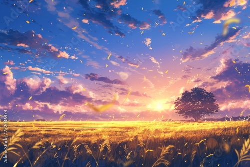 A peaceful landscape painting of a field at sunset. The sky is ablaze with color, with streaks of orange, red, and purple.