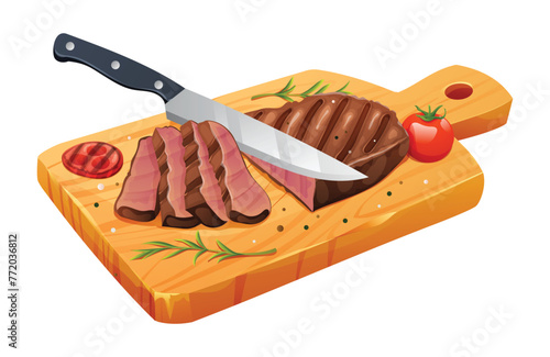 Sliced medium rare grilled beef steak with salt, tomatoes and knife on cutting board. Vector illustration isolated on white background © YG Studio
