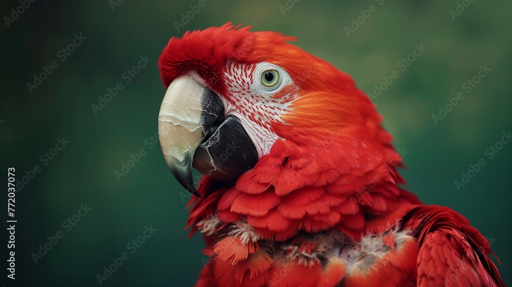 close-up of a young parrot on a green background, gazing directly at the camera in a professional photo studio setting. Perfect for a pet shop banner or advertisement