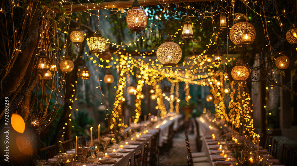 Whimsical honeymoon dinner setup with hanging lanterns and fairy light canopies.