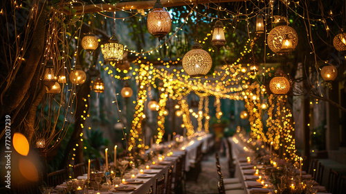 Whimsical honeymoon dinner setup with hanging lanterns and fairy light canopies.