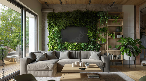 A contemporary farmhouse with a green living wall, adding a pop of color. photo